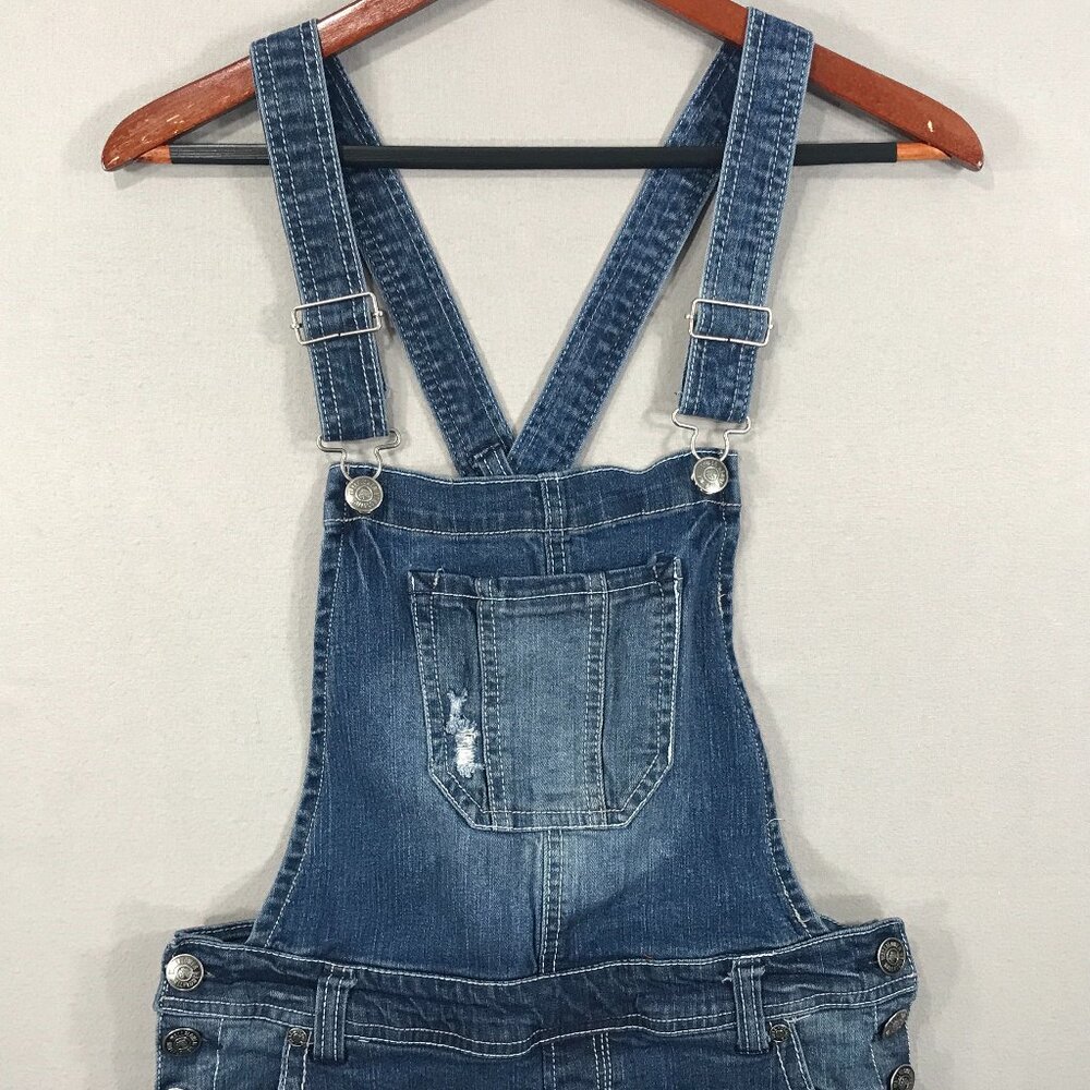 WallFlower Shorts Womens Medium Blue Denim Shortalls Distressed Overalls Pockets